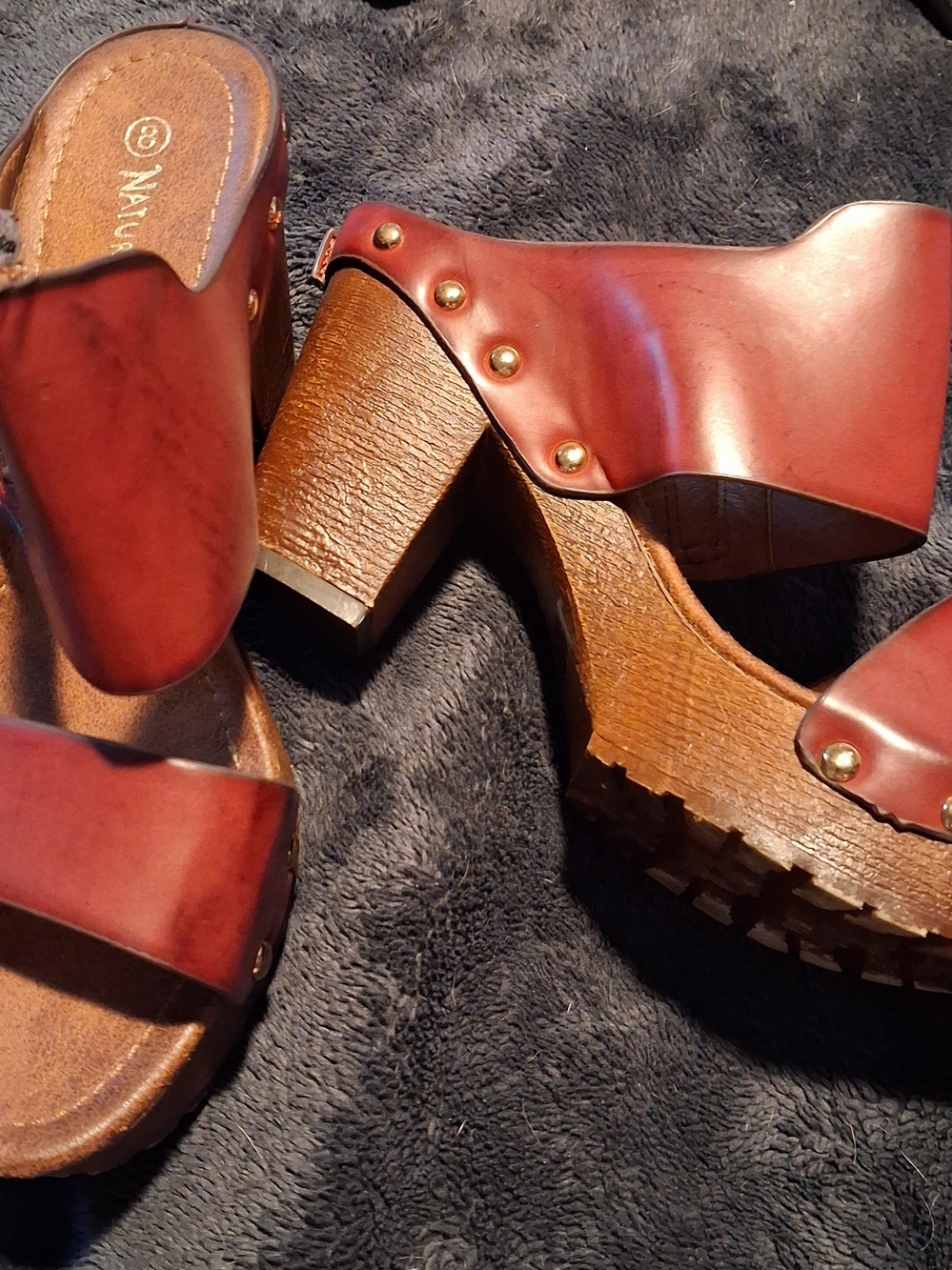 Nature Breeze Burgundy Platform Clog Sandals with Stud Accents